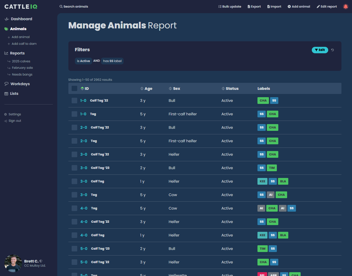 Animal overview report on desktop