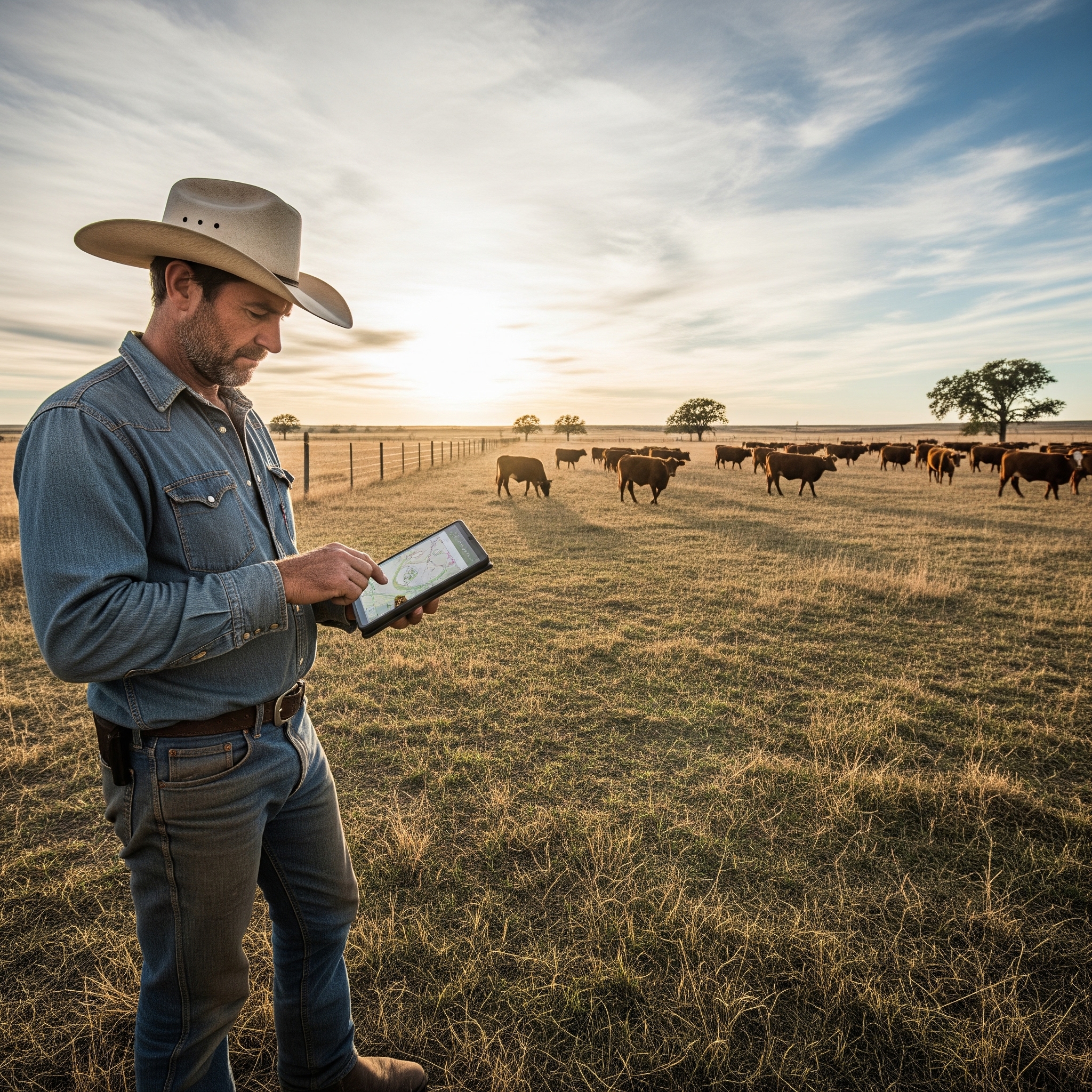 Rancher using a tablet in a pasture with cows