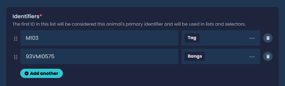 App screenshot of identifiers field