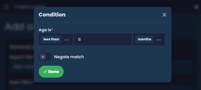 App screenshot of an age query filter