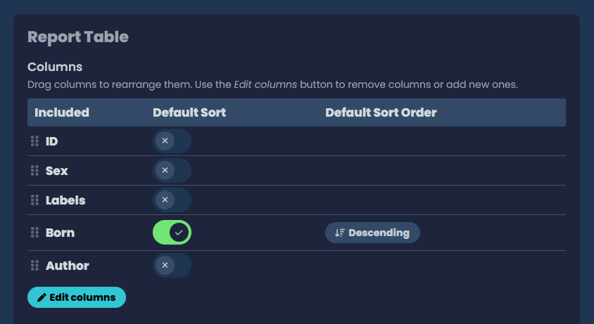 App screenshot of report table columns field.