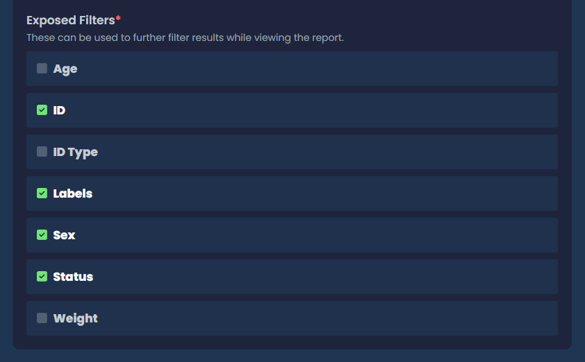 App screenshot of report exposed filters options