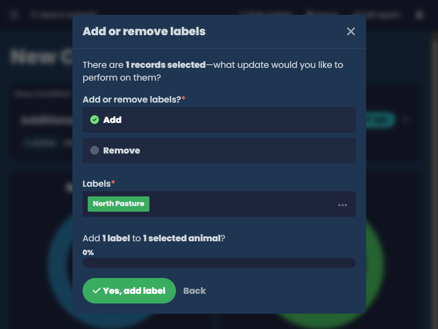 App screenshot of a bulk update label operation
